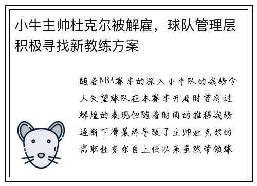 小牛主帅杜克尔被解雇，球队管理层积极寻找新教练方案